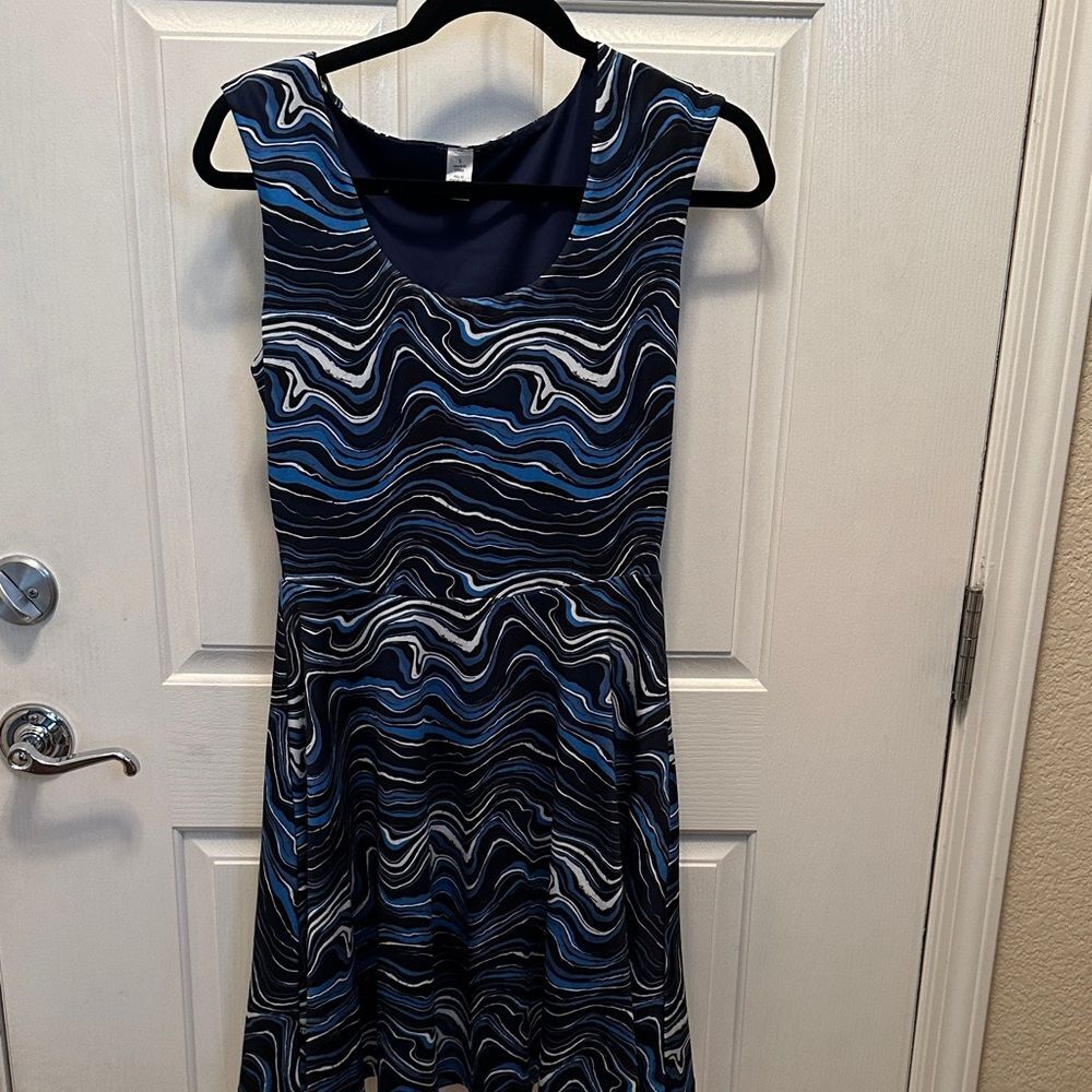 Betabrand Blue and Black Wave Midi Dress Pull on Stretch Style Size S